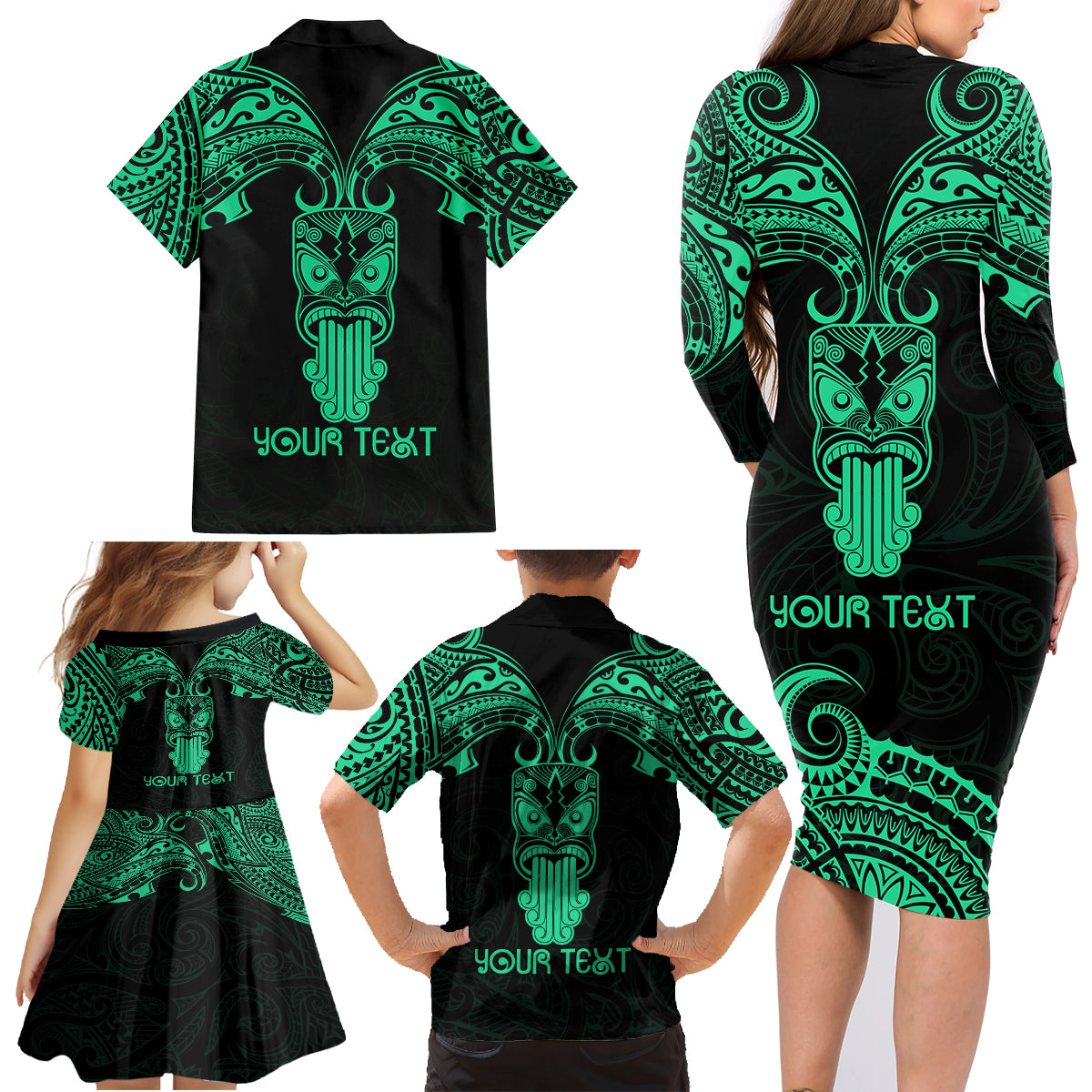 Personalised New Zealand Te Reo Maori Family Matching Long Sleeve Bodycon Dress and Hawaiian Shirt Kia Kaha Maori Language Week Green Style LT9 - Polynesian Pride