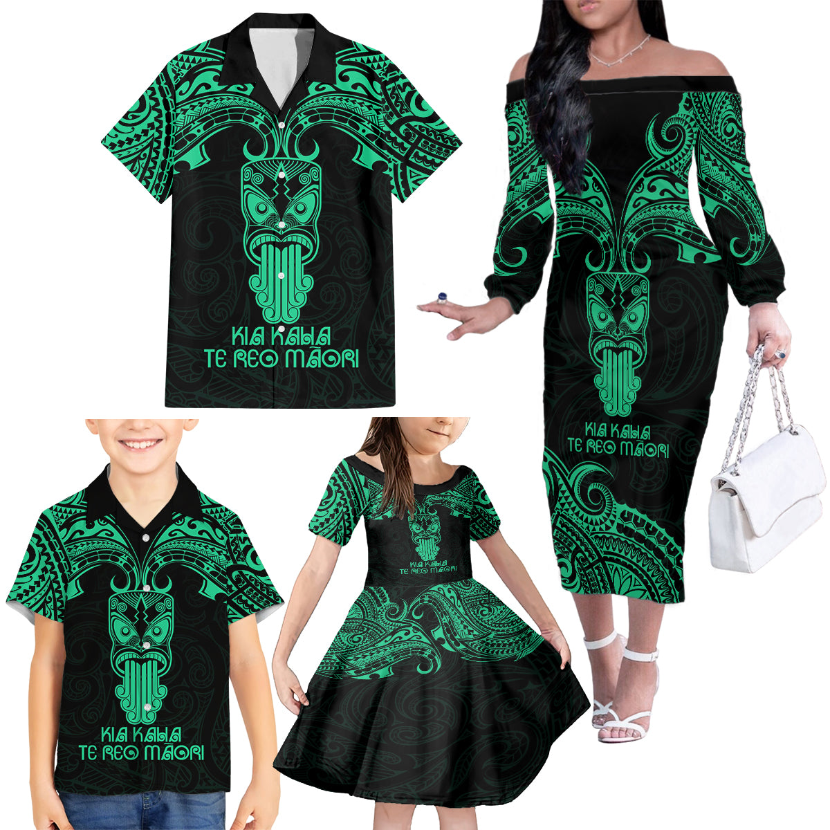 Personalised New Zealand Te Reo Maori Family Matching Off Shoulder Long Sleeve Dress and Hawaiian Shirt Kia Kaha Maori Language Week Green Style LT9 - Polynesian Pride