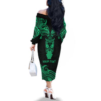 Personalised New Zealand Te Reo Maori Family Matching Off Shoulder Long Sleeve Dress and Hawaiian Shirt Kia Kaha Maori Language Week Green Style LT9 - Polynesian Pride