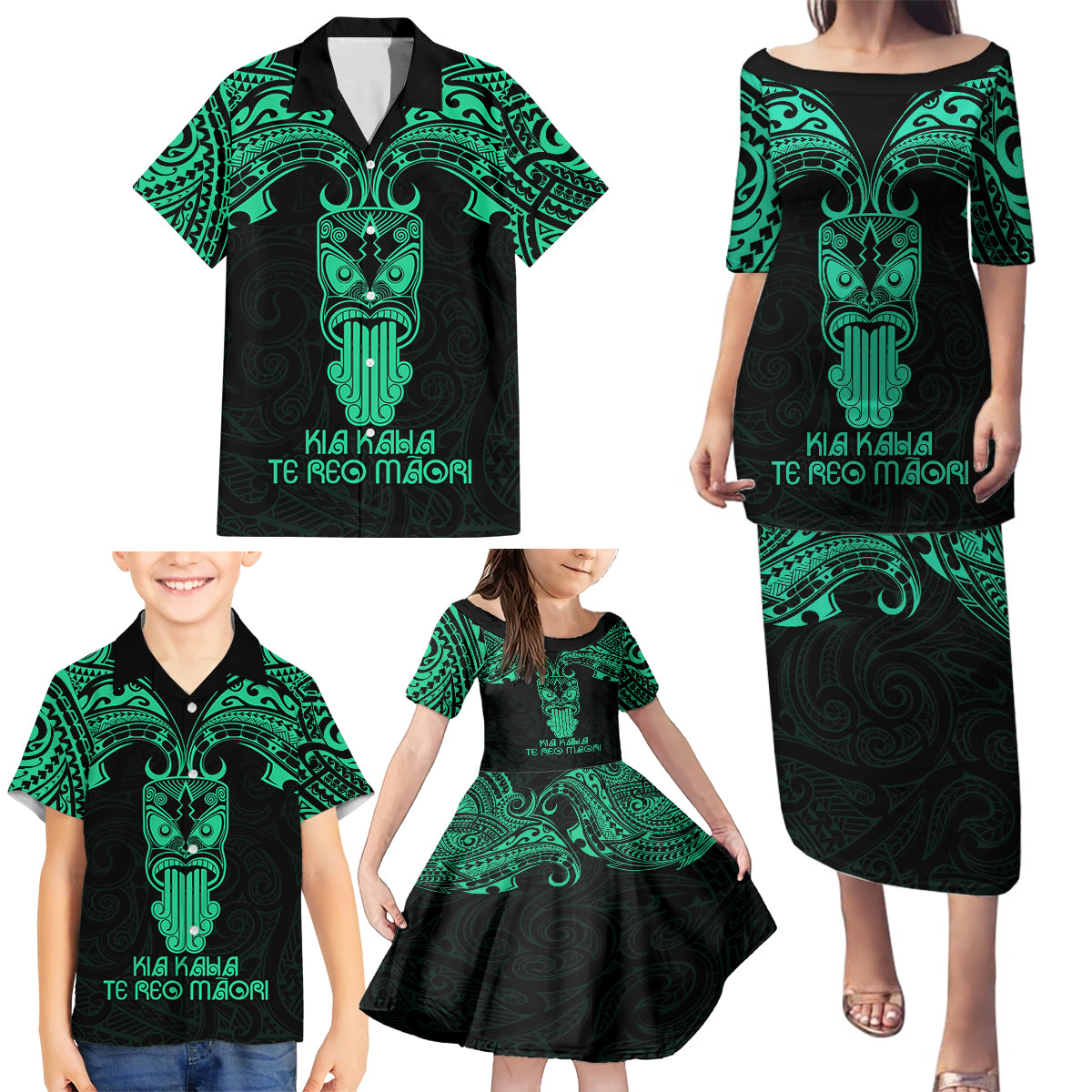 Personalised New Zealand Te Reo Maori Family Matching Puletasi Dress and Hawaiian Shirt Kia Kaha Maori Language Week Green Style LT9 - Polynesian Pride