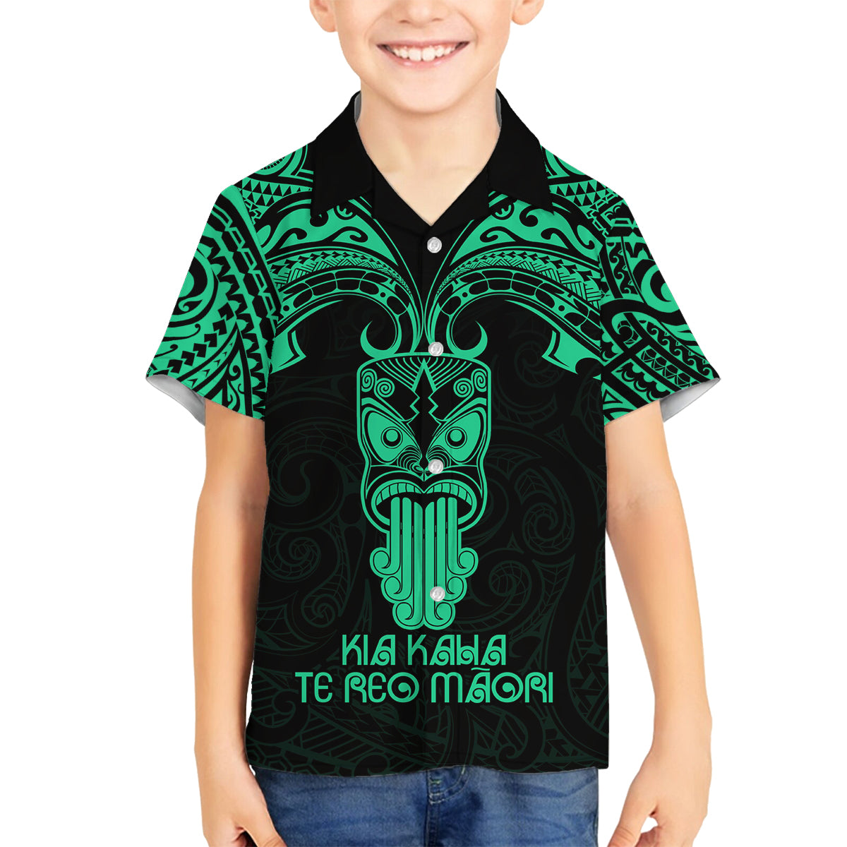Personalised New Zealand Te Reo Maori Family Matching Puletasi Dress and Hawaiian Shirt Kia Kaha Maori Language Week Green Style LT9 Son's Shirt Green - Polynesian Pride