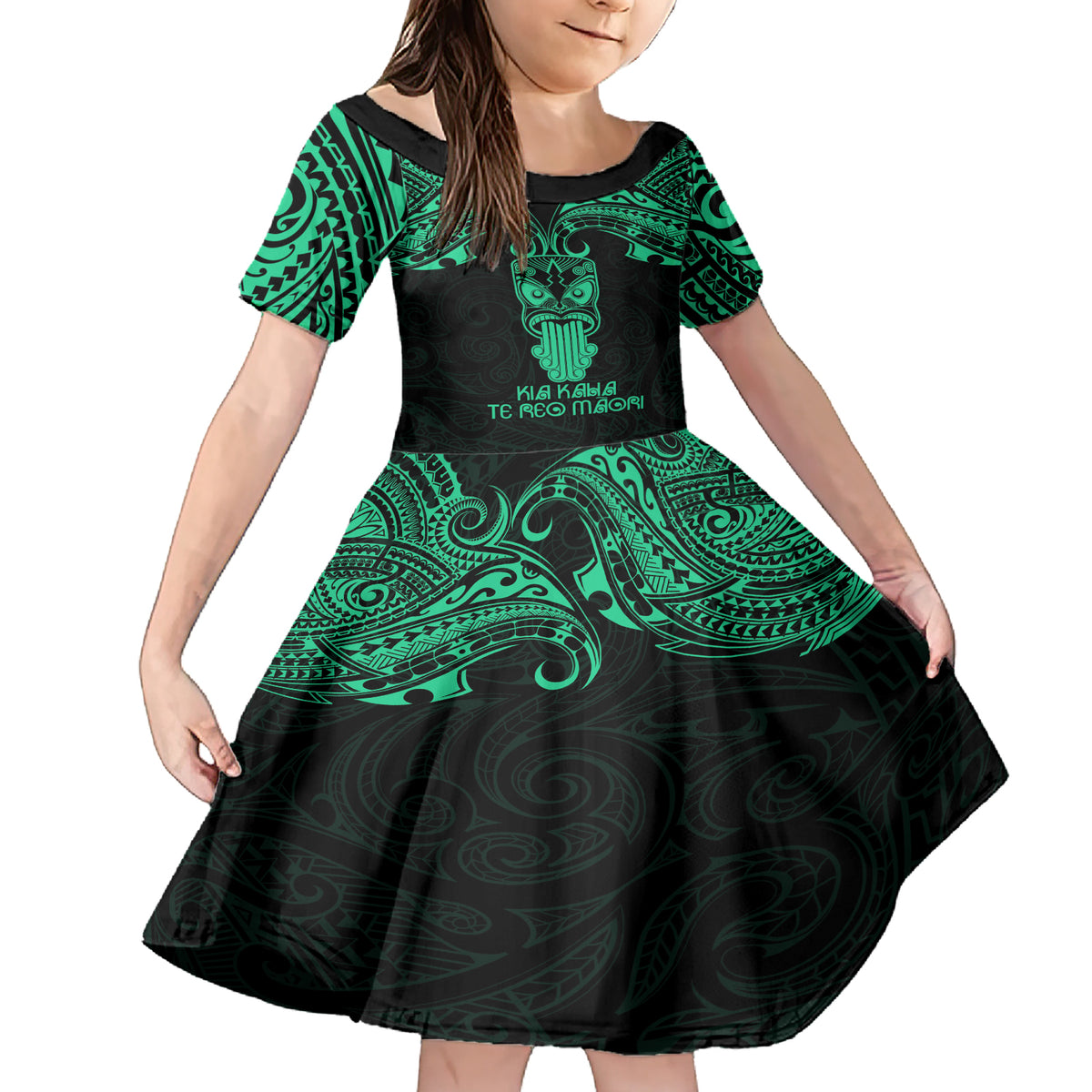 Personalised New Zealand Te Reo Maori Family Matching Short Sleeve Bodycon Dress and Hawaiian Shirt Kia Kaha Maori Language Week Green Style LT9 Daughter's Dress Green - Polynesian Pride