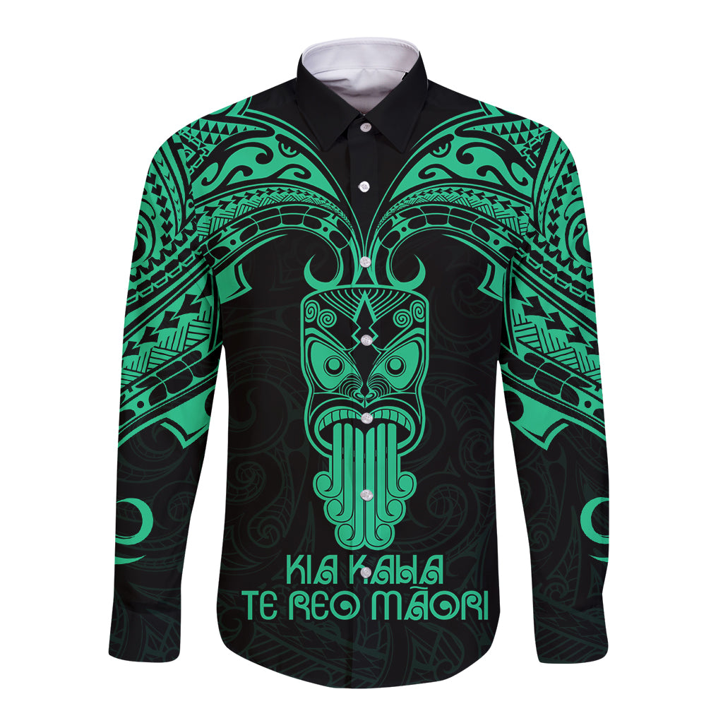 Personalised New Zealand Te Reo Maori Long Sleeve Button Shirt Kia Kaha Maori Language Week Green Style LT9 Unisex Green - Polynesian Pride