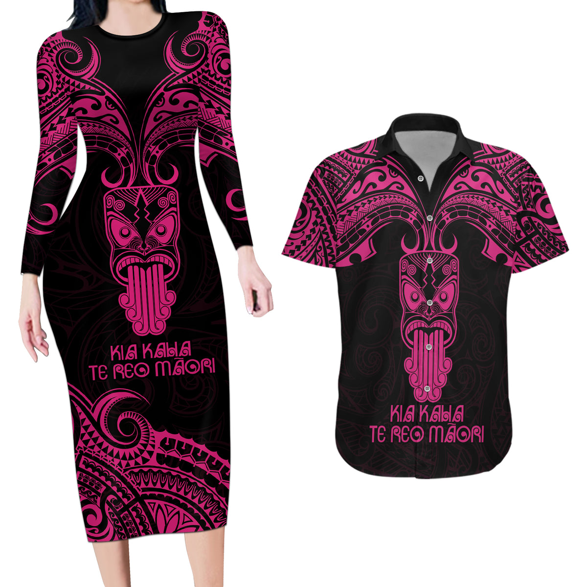 Personalised New Zealand Te Reo Maori Couples Matching Long Sleeve Bodycon Dress and Hawaiian Shirt Kia Kaha Maori Language Week Pink Style LT9 Pink - Polynesian Pride