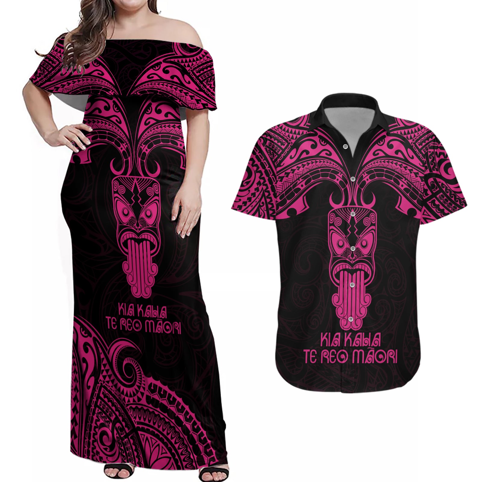 Personalised New Zealand Te Reo Maori Couples Matching Off Shoulder Maxi Dress and Hawaiian Shirt Kia Kaha Maori Language Week Pink Style LT9 Pink - Polynesian Pride