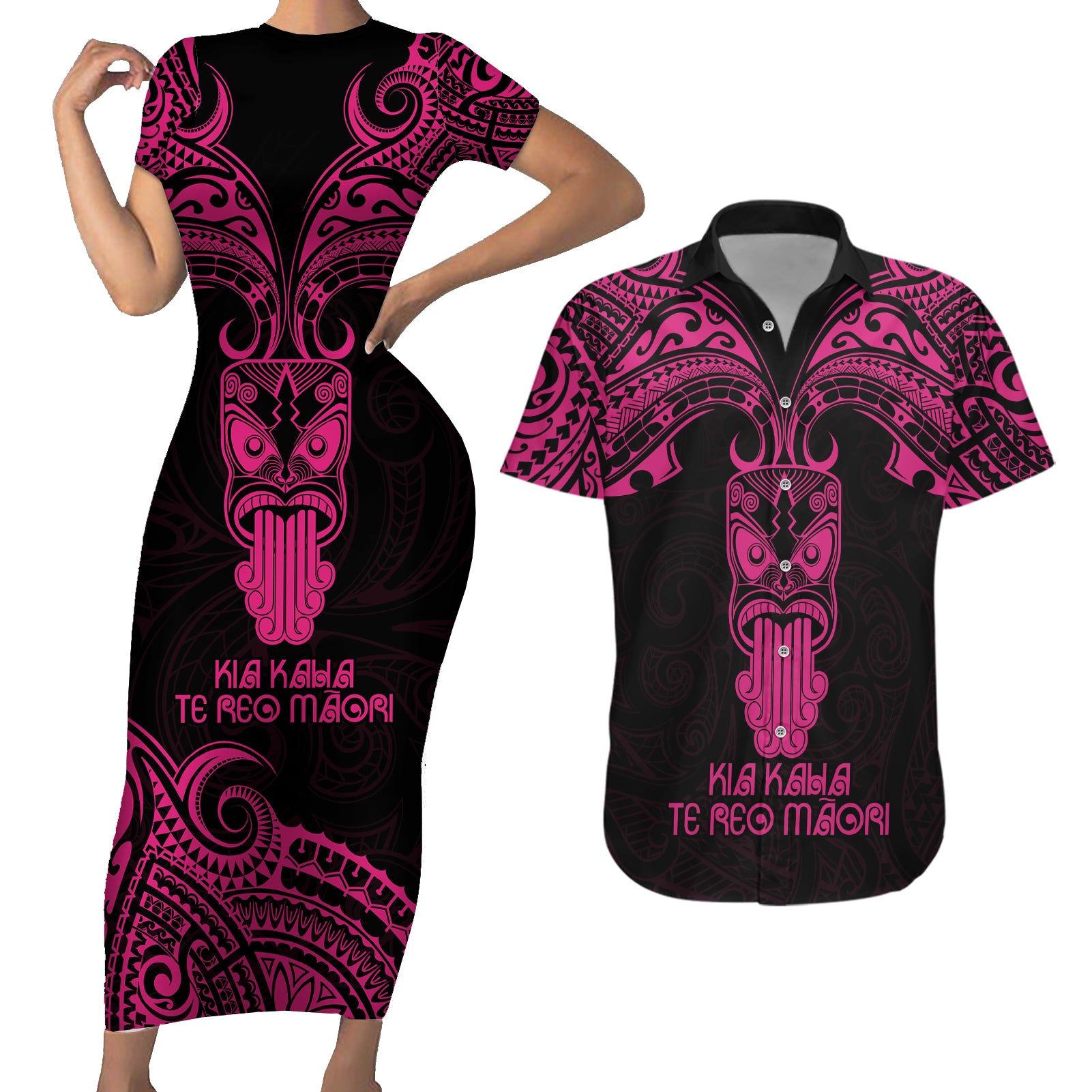 Personalised New Zealand Te Reo Maori Couples Matching Short Sleeve Bodycon Dress and Hawaiian Shirt Kia Kaha Maori Language Week Pink Style LT9 Pink - Polynesian Pride