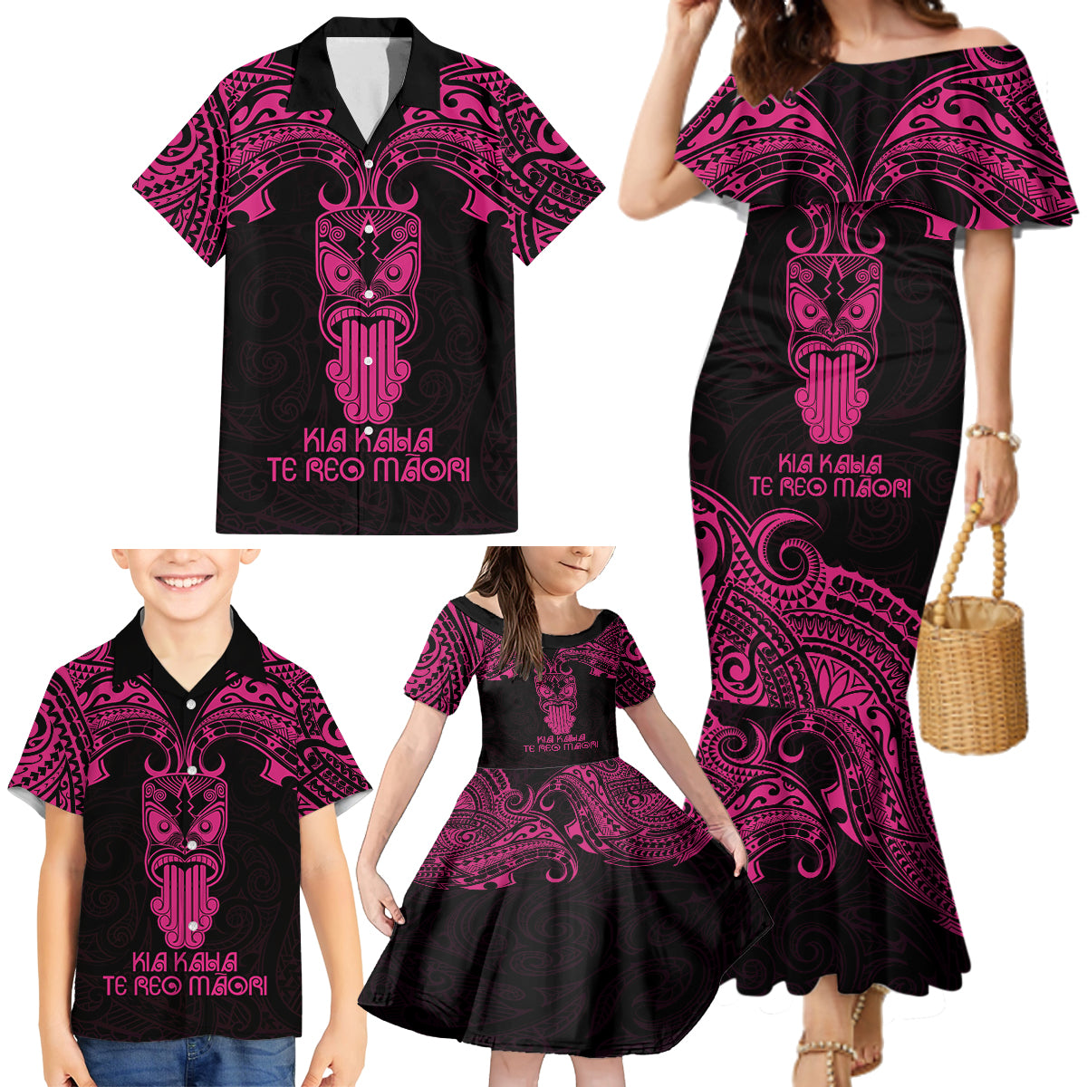 Personalised New Zealand Te Reo Maori Family Matching Mermaid Dress and Hawaiian Shirt Kia Kaha Maori Language Week Pink Style LT9 - Polynesian Pride