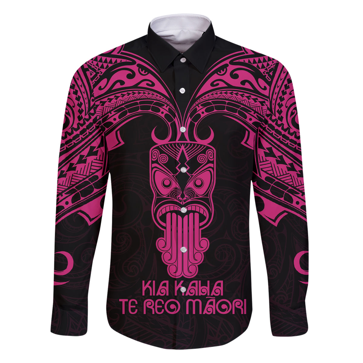 Personalised New Zealand Te Reo Maori Family Matching Mermaid Dress and Hawaiian Shirt Kia Kaha Maori Language Week Pink Style LT9 Dad's Shirt - Long Sleeve Pink - Polynesian Pride