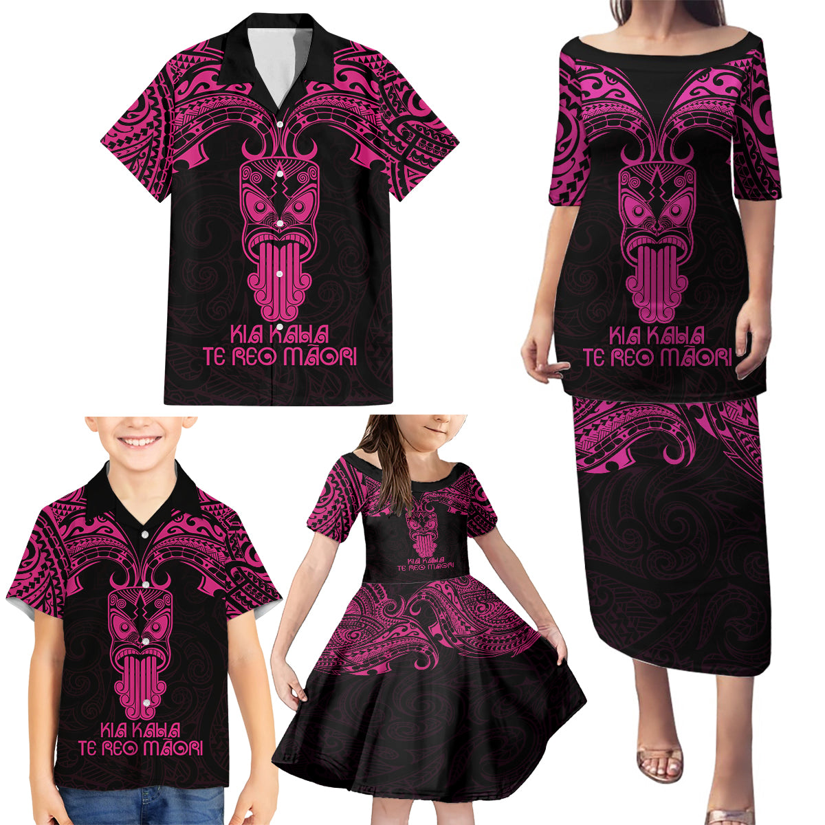 Personalised New Zealand Te Reo Maori Family Matching Puletasi Dress and Hawaiian Shirt Kia Kaha Maori Language Week Pink Style LT9 - Polynesian Pride