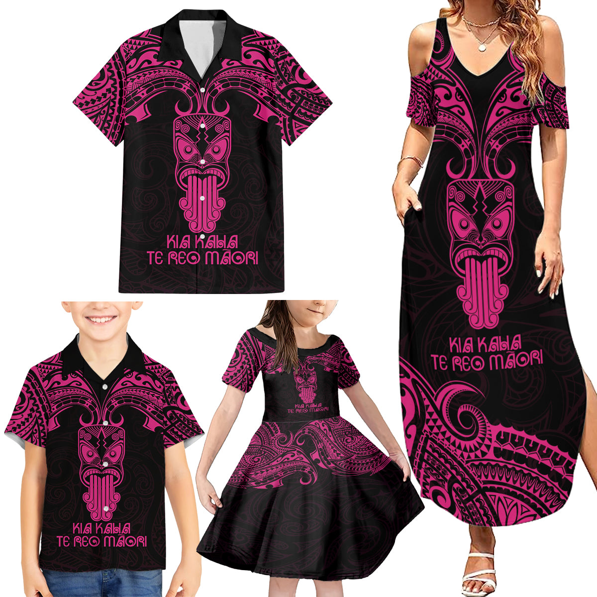 Personalised New Zealand Te Reo Maori Family Matching Summer Maxi Dress and Hawaiian Shirt Kia Kaha Maori Language Week Pink Style LT9 - Polynesian Pride