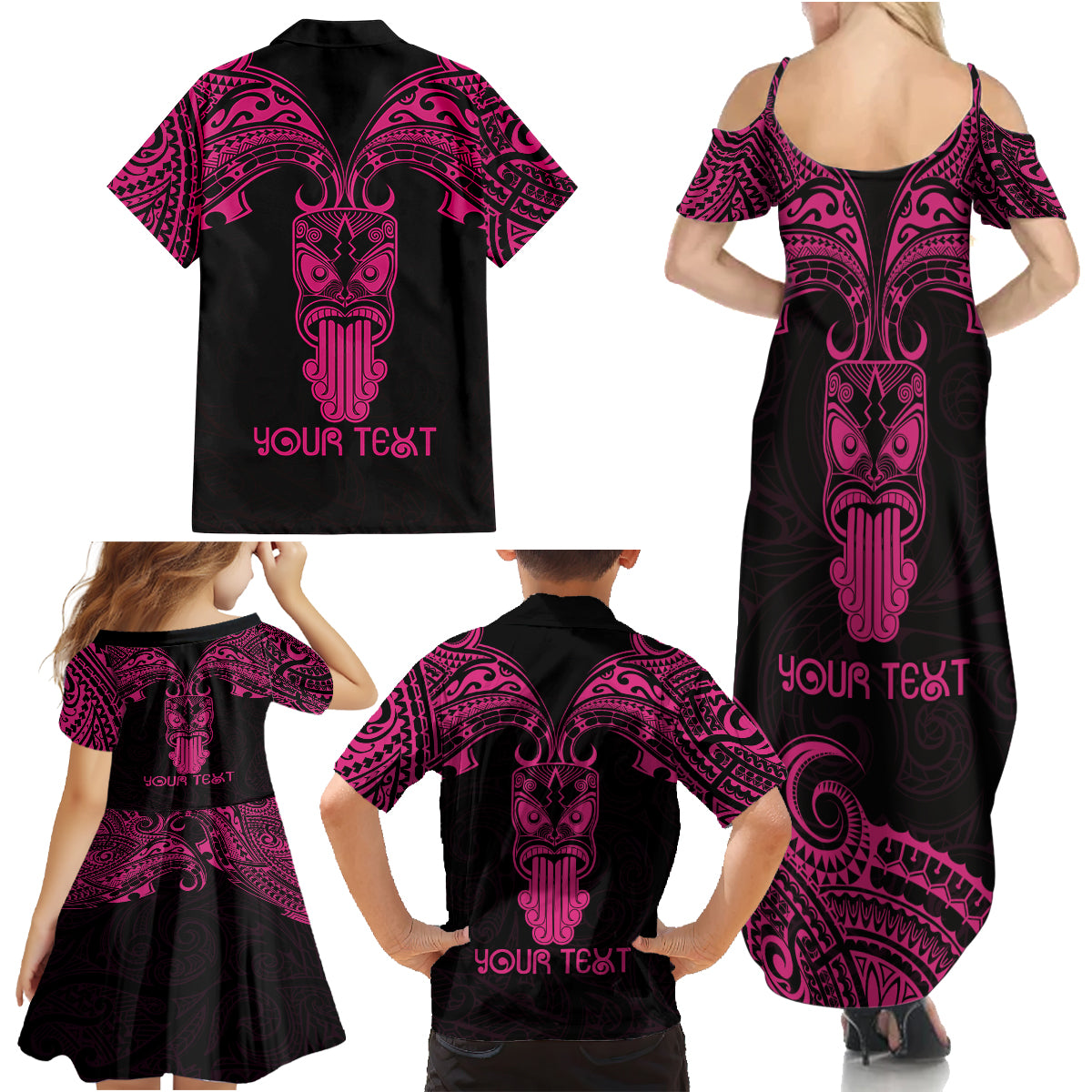 Personalised New Zealand Te Reo Maori Family Matching Summer Maxi Dress and Hawaiian Shirt Kia Kaha Maori Language Week Pink Style LT9 - Polynesian Pride