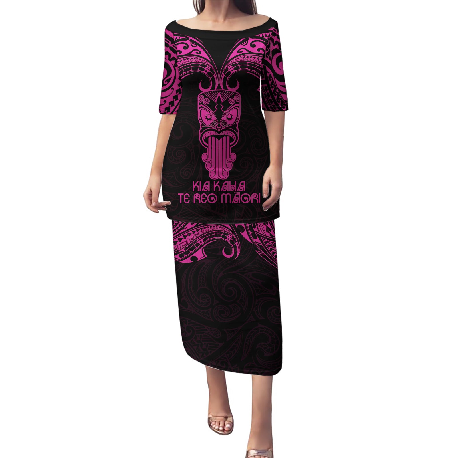 Personalised New Zealand Te Reo Maori Puletasi Kia Kaha Maori Language Week Pink Style LT9 Long Dress Pink - Polynesian Pride