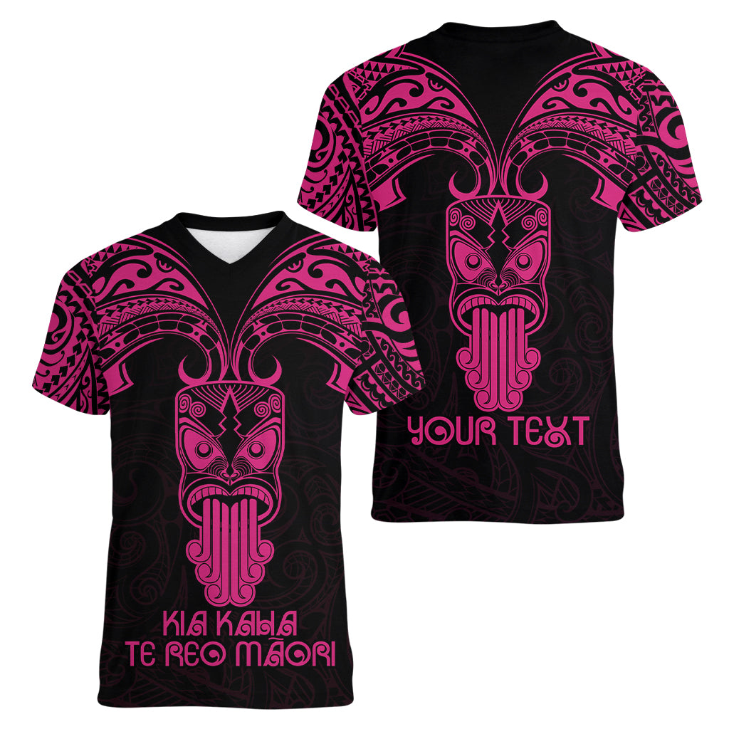 Personalised New Zealand Te Reo Maori Women V Neck T Shirt Kia Kaha Maori Language Week Pink Style LT9 - Polynesian Pride