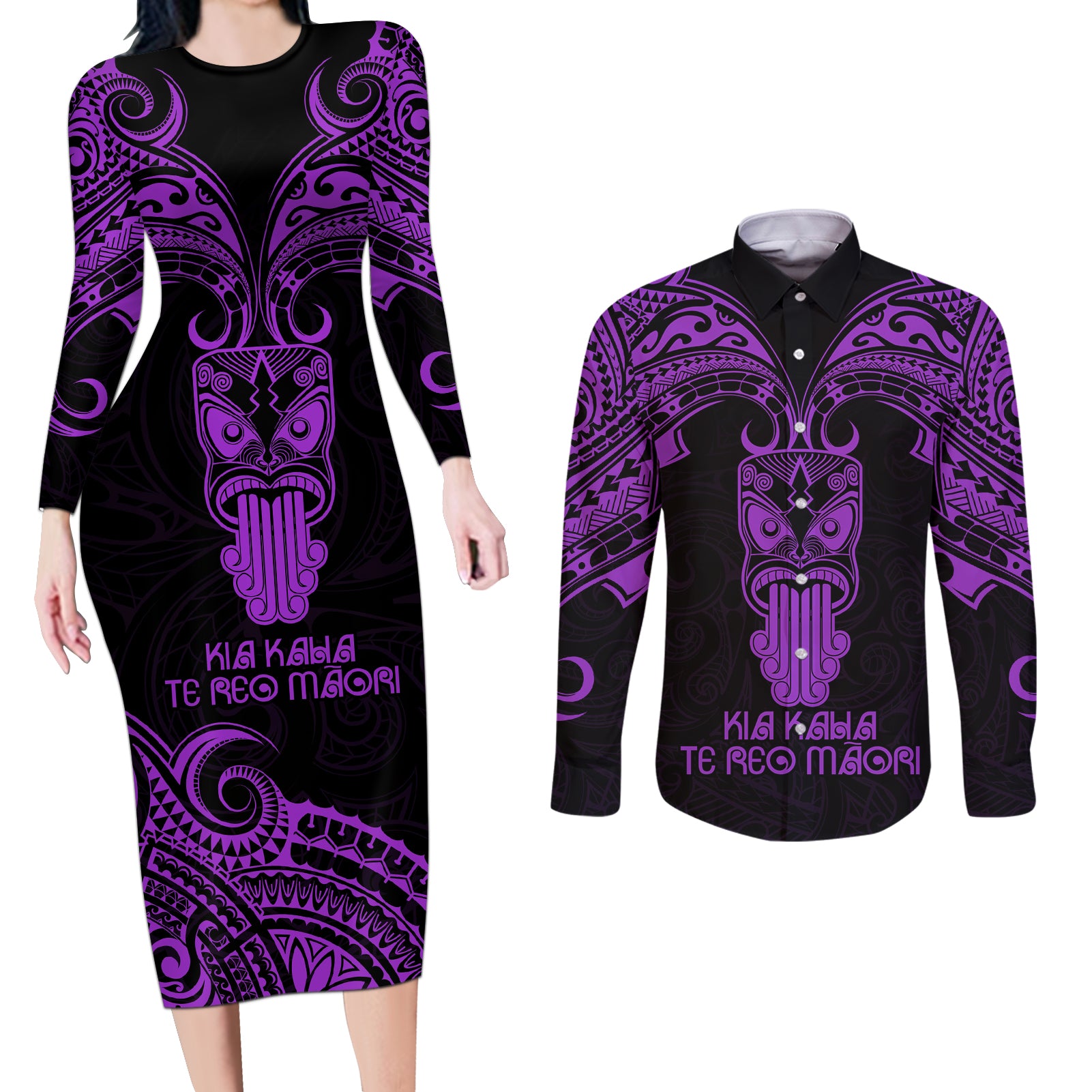 Personalised New Zealand Te Reo Maori Couples Matching Long Sleeve Bodycon Dress and Long Sleeve Button Shirts Kia Kaha Maori Language Week Purple Style LT9 Purple - Polynesian Pride