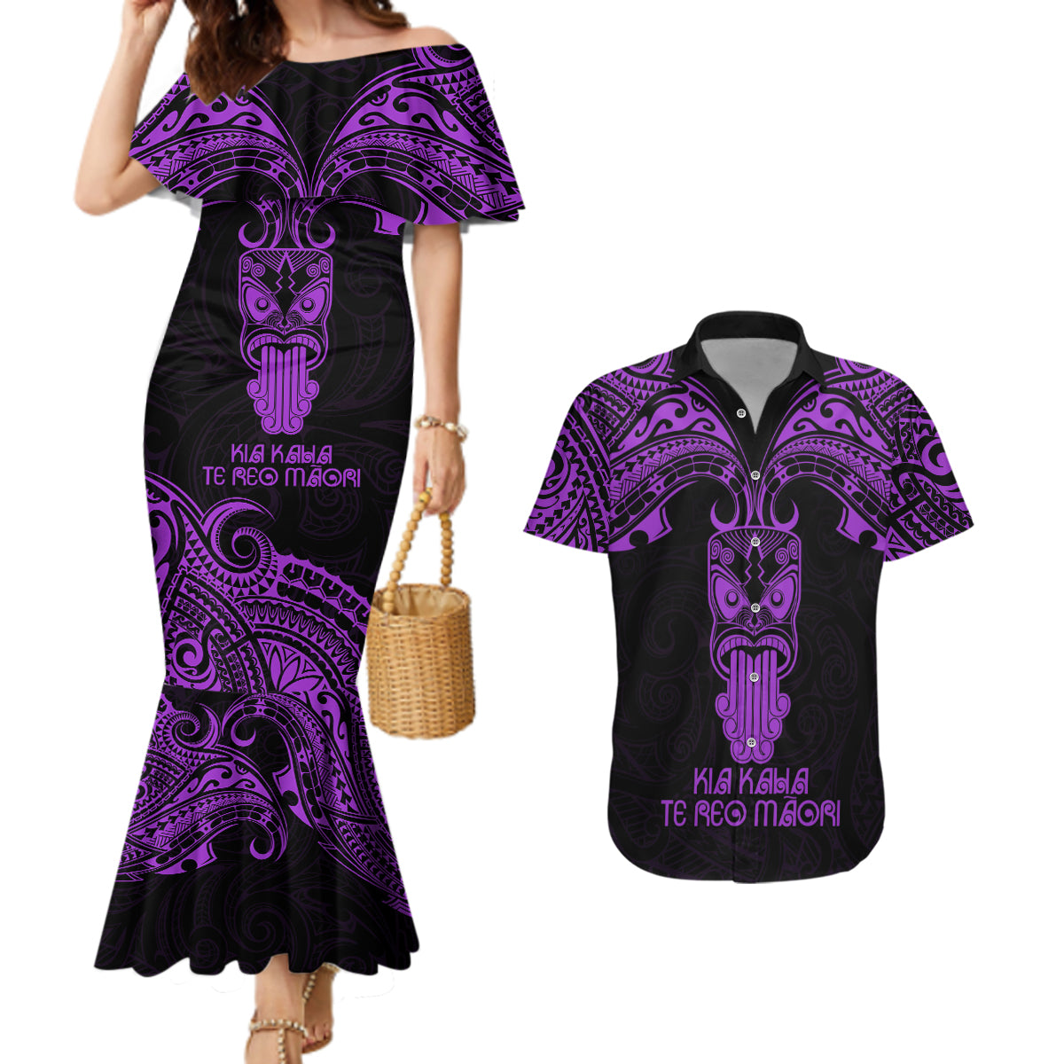 Personalised New Zealand Te Reo Maori Couples Matching Mermaid Dress and Hawaiian Shirt Kia Kaha Maori Language Week Purple Style LT9 Purple - Polynesian Pride