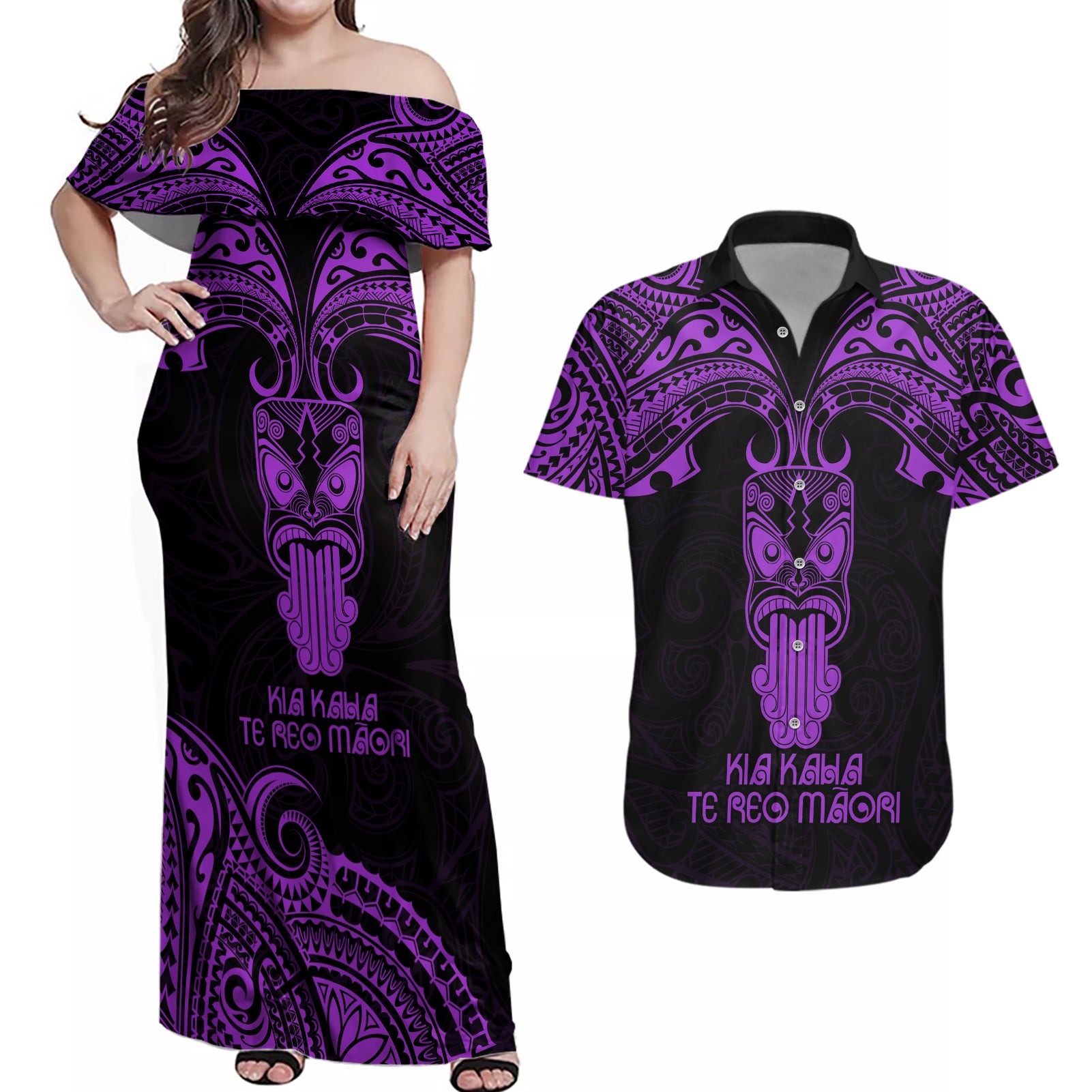 Personalised New Zealand Te Reo Maori Couples Matching Off Shoulder Maxi Dress and Hawaiian Shirt Kia Kaha Maori Language Week Purple Style LT9 Purple - Polynesian Pride