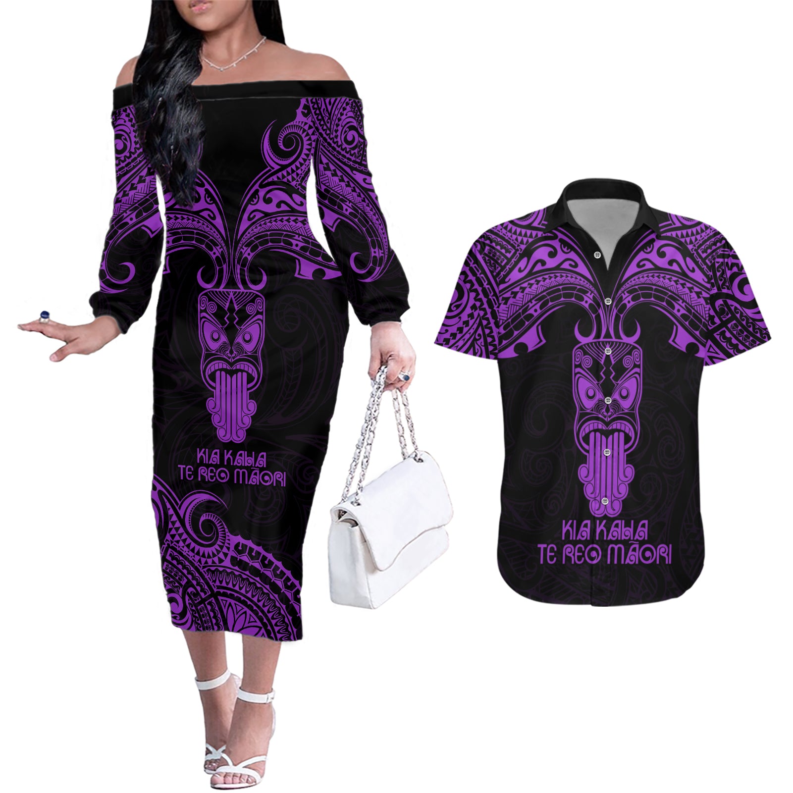 Personalised New Zealand Te Reo Maori Couples Matching Off The Shoulder Long Sleeve Dress and Hawaiian Shirt Kia Kaha Maori Language Week Purple Style LT9 Purple - Polynesian Pride