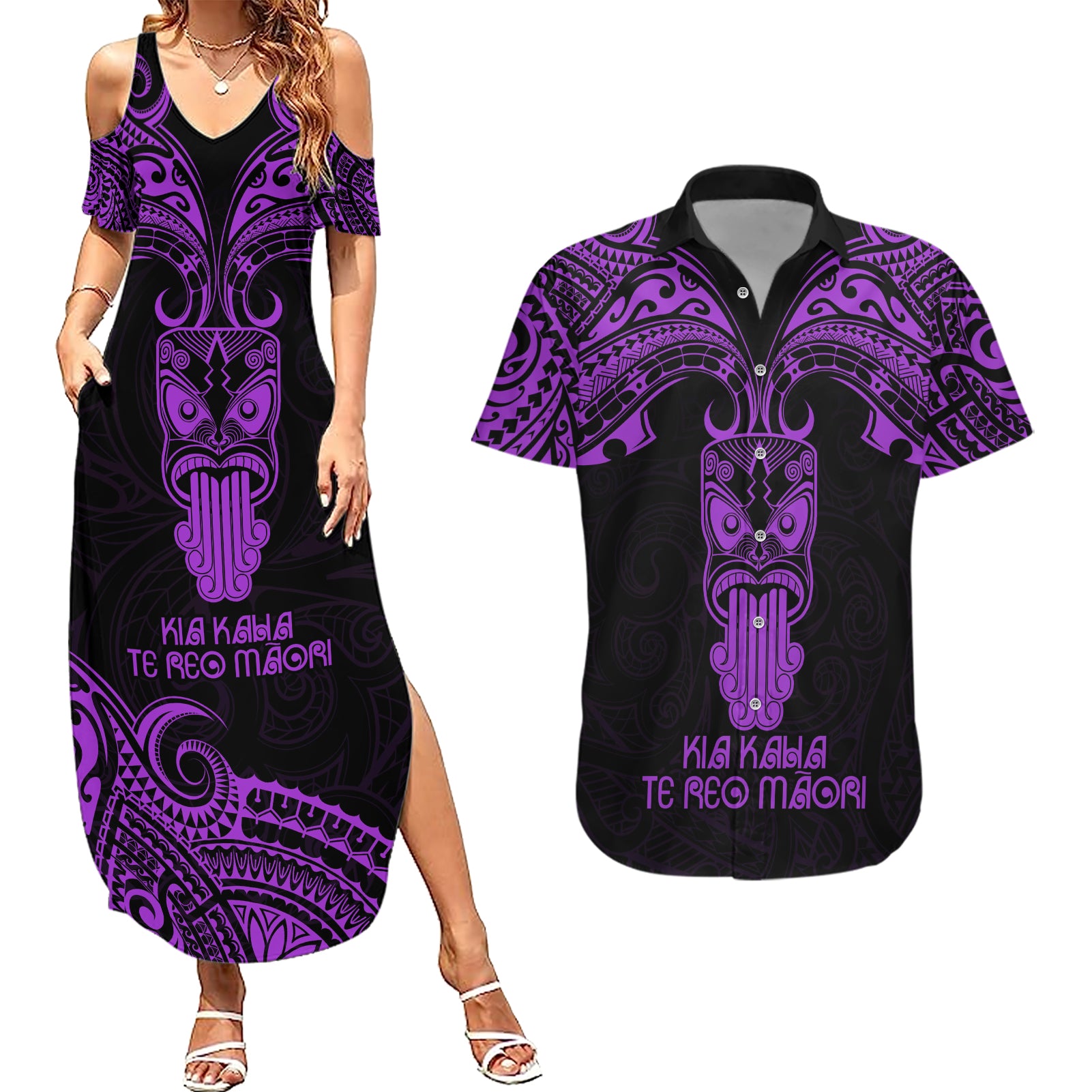 Personalised New Zealand Te Reo Maori Couples Matching Summer Maxi Dress and Hawaiian Shirt Kia Kaha Maori Language Week Purple Style LT9 Purple - Polynesian Pride