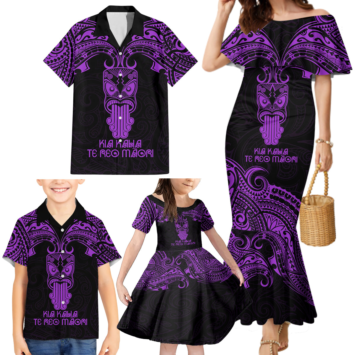 Personalised New Zealand Te Reo Maori Family Matching Mermaid Dress and Hawaiian Shirt Kia Kaha Maori Language Week Purple Style LT9 - Polynesian Pride