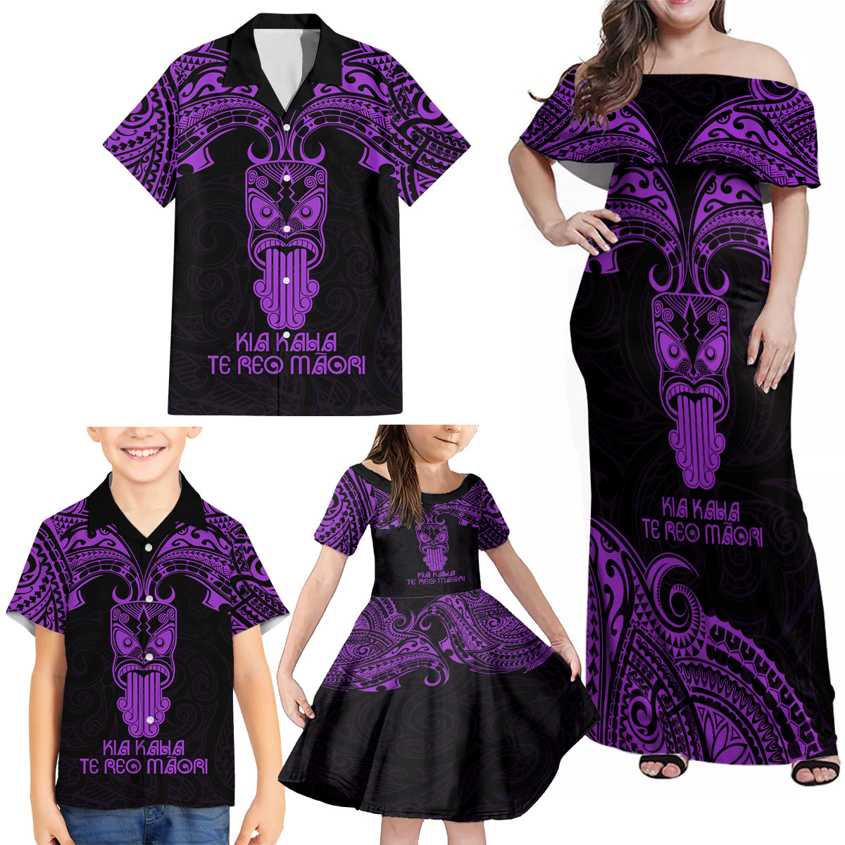 Personalised New Zealand Te Reo Maori Family Matching Off Shoulder Maxi Dress and Hawaiian Shirt Kia Kaha Maori Language Week Purple Style LT9 - Polynesian Pride