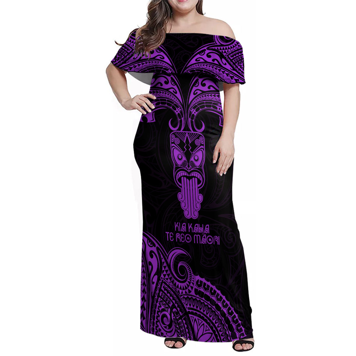 Personalised New Zealand Te Reo Maori Family Matching Off Shoulder Maxi Dress and Hawaiian Shirt Kia Kaha Maori Language Week Purple Style LT9 Mom's Dress Purple - Polynesian Pride