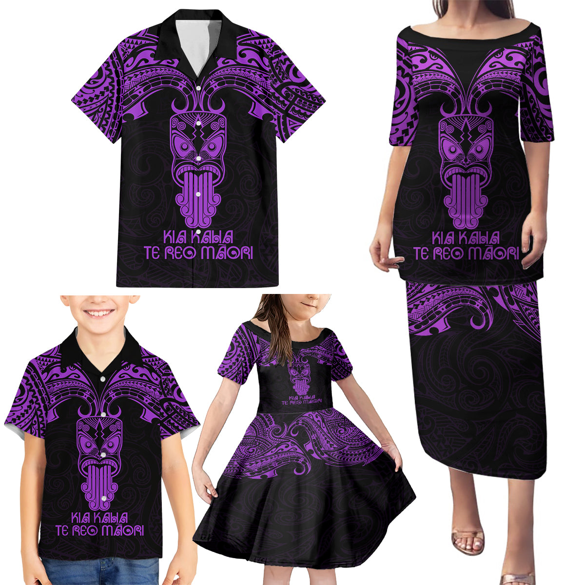 Personalised New Zealand Te Reo Maori Family Matching Puletasi Dress and Hawaiian Shirt Kia Kaha Maori Language Week Purple Style LT9 - Polynesian Pride