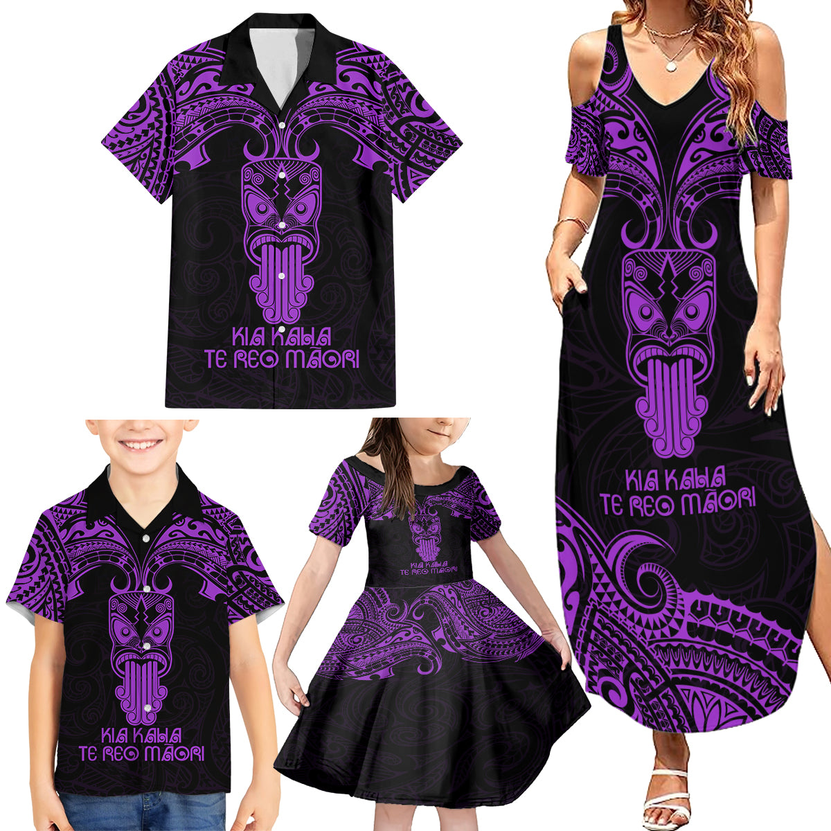 Personalised New Zealand Te Reo Maori Family Matching Summer Maxi Dress and Hawaiian Shirt Kia Kaha Maori Language Week Purple Style LT9 - Polynesian Pride