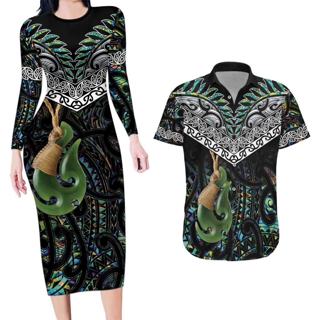 Personalised Maori Manaia Couples Matching Long Sleeve Bodycon Dress and Hawaiian Shirt New Zealand Tribal Hei Matau Papua Shell