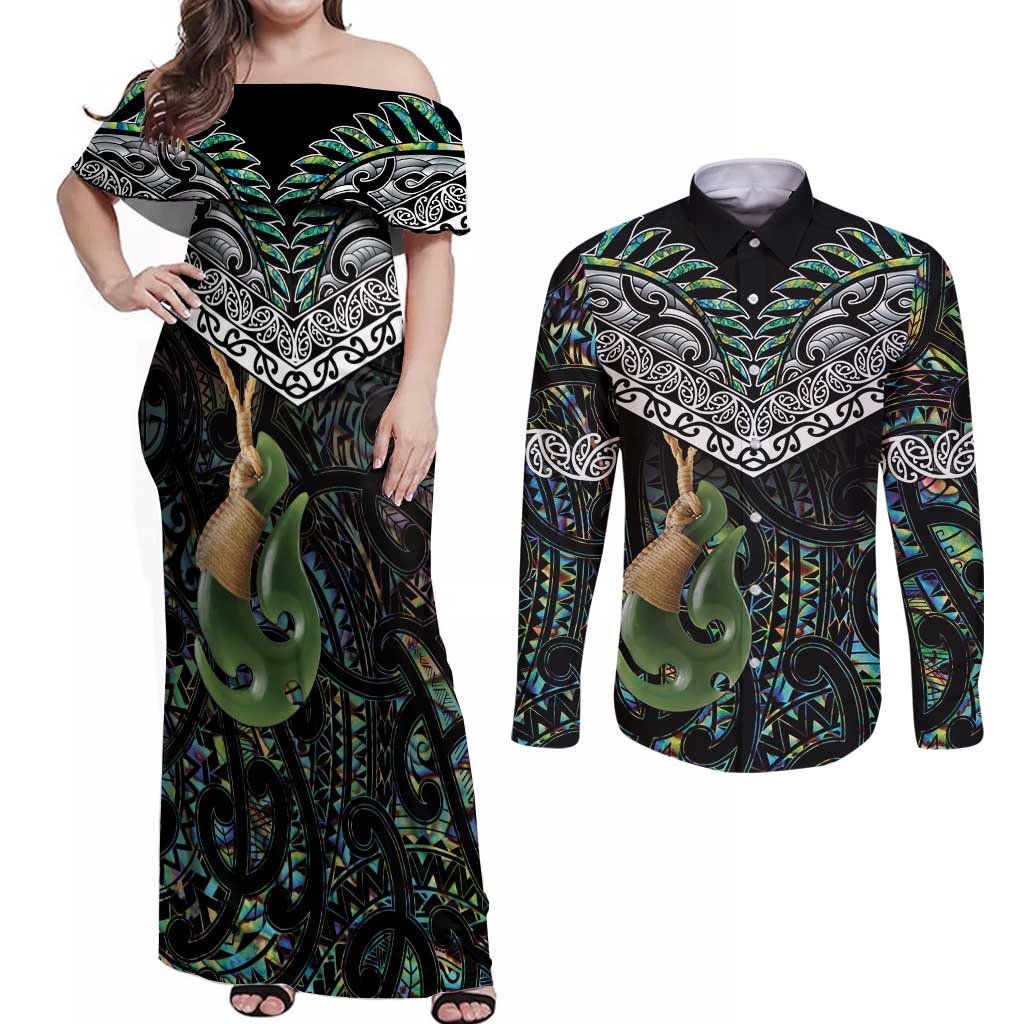 Personalised Maori Manaia Couples Matching Off Shoulder Maxi Dress and Long Sleeve Button Shirt New Zealand Tribal Hei Matau Papua Shell