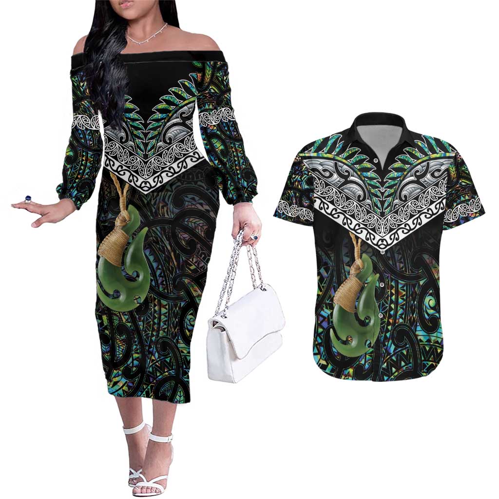 Personalised Maori Manaia Couples Matching Off The Shoulder Long Sleeve Dress and Hawaiian Shirt New Zealand Tribal Hei Matau Papua Shell