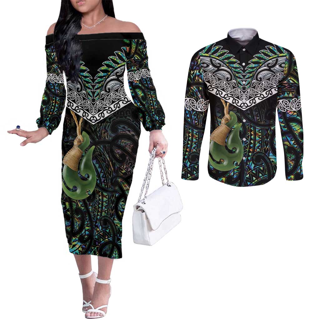 Personalised Maori Manaia Couples Matching Off The Shoulder Long Sleeve Dress and Long Sleeve Button Shirt New Zealand Tribal Hei Matau Papua Shell