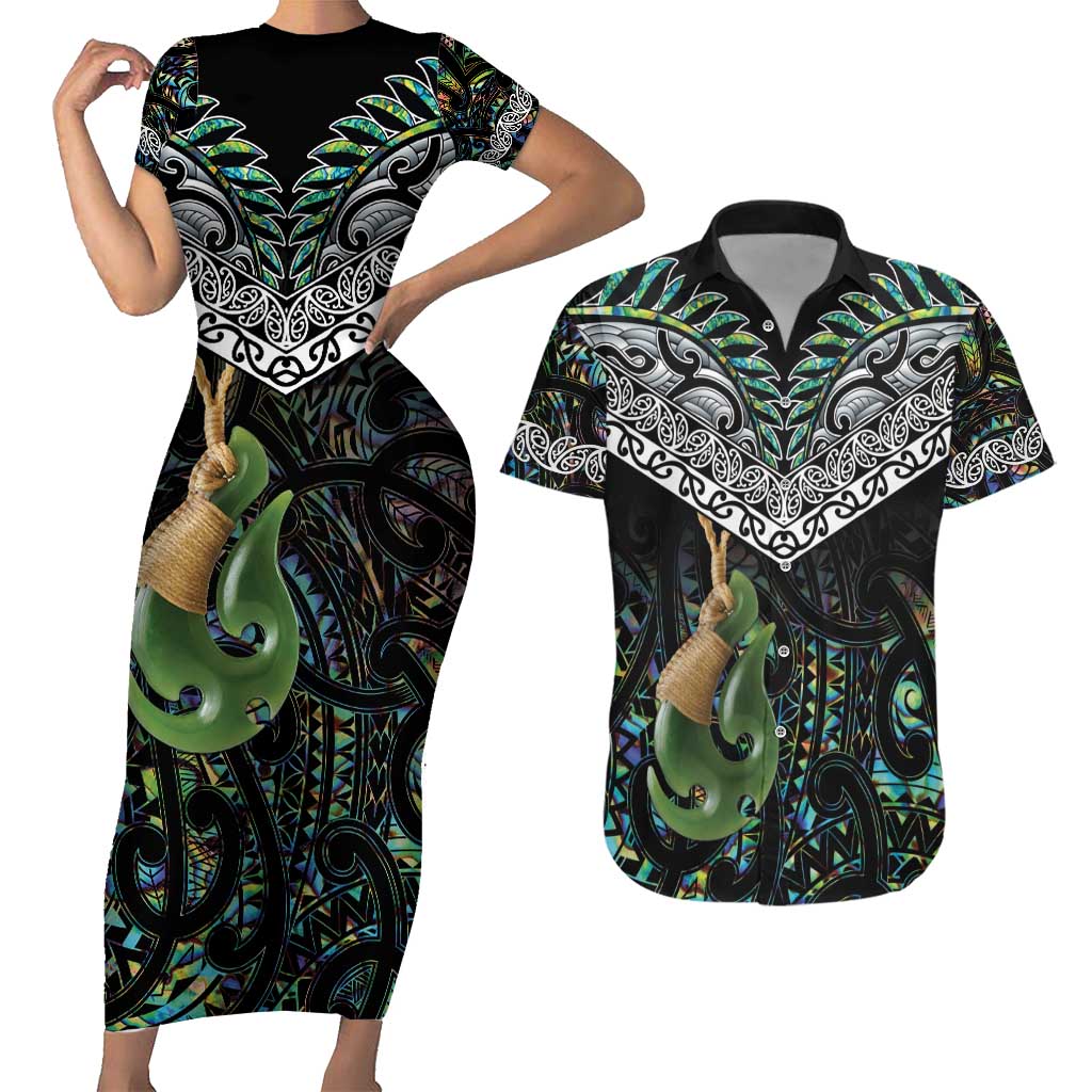 Personalised Maori Manaia Couples Matching Short Sleeve Bodycon Dress and Hawaiian Shirt New Zealand Tribal Hei Matau Papua Shell LT9 Green - Polynesian Pride
