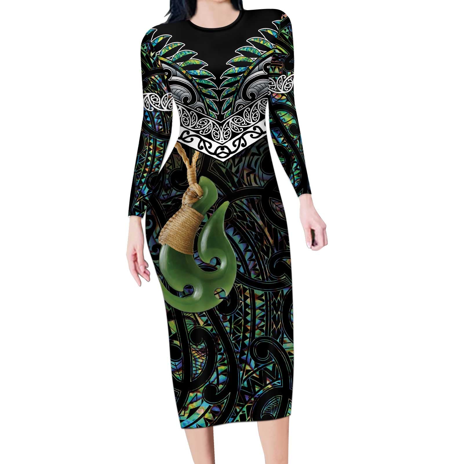 Personalised Maori Manaia Long Sleeve Bodycon Dress New Zealand Tribal Hei Matau Papua Shell