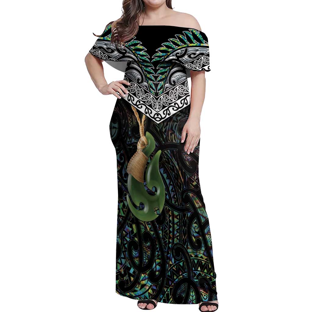 Personalised Maori Manaia Off Shoulder Maxi Dress New Zealand Tribal Hei Matau Papua Shell LT9 Women Green - Polynesian Pride