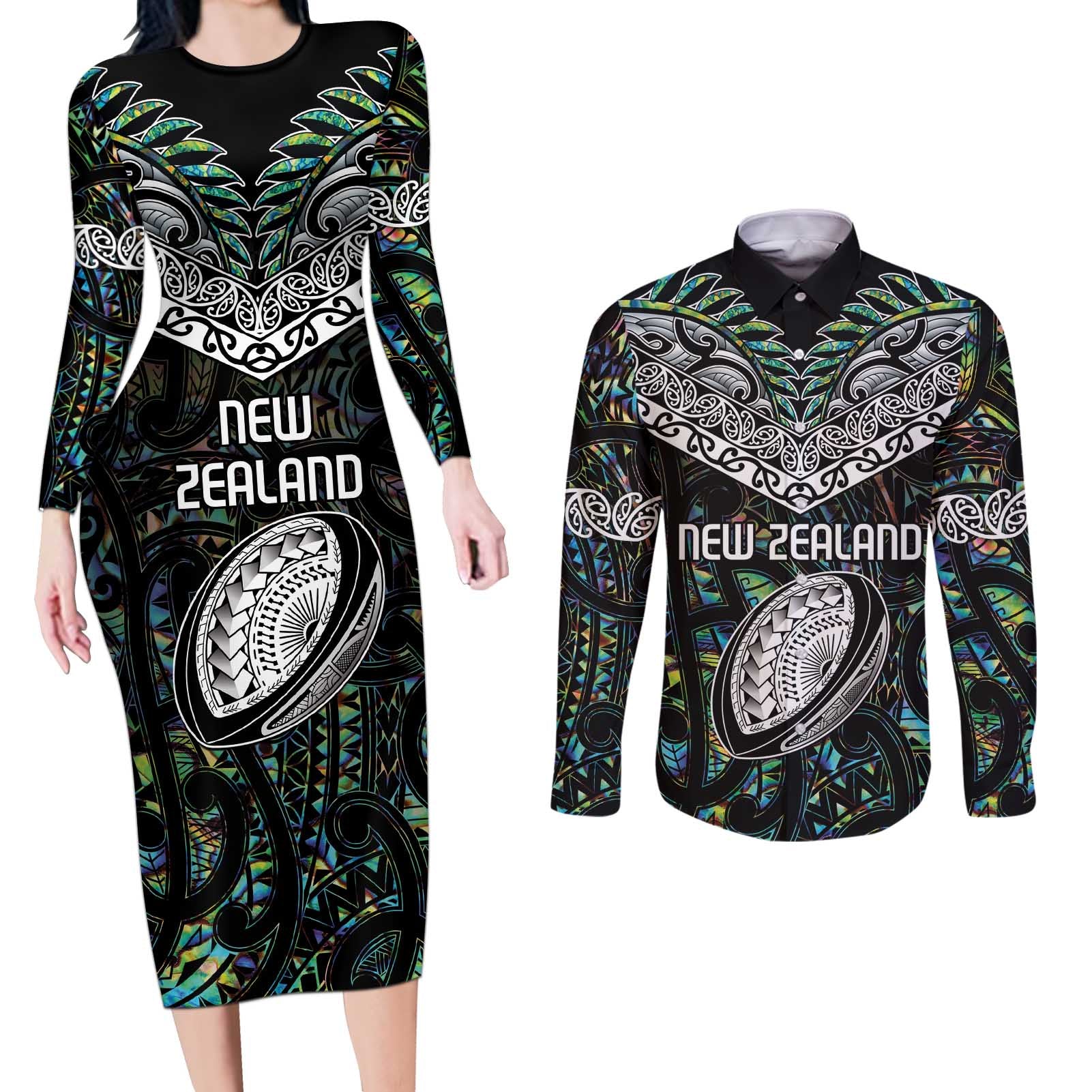 Custom New Zealand Couples Matching Long Sleeve Bodycon Dress and Long Sleeve Button Shirt Maori Rugby Tattoo Papua Shell