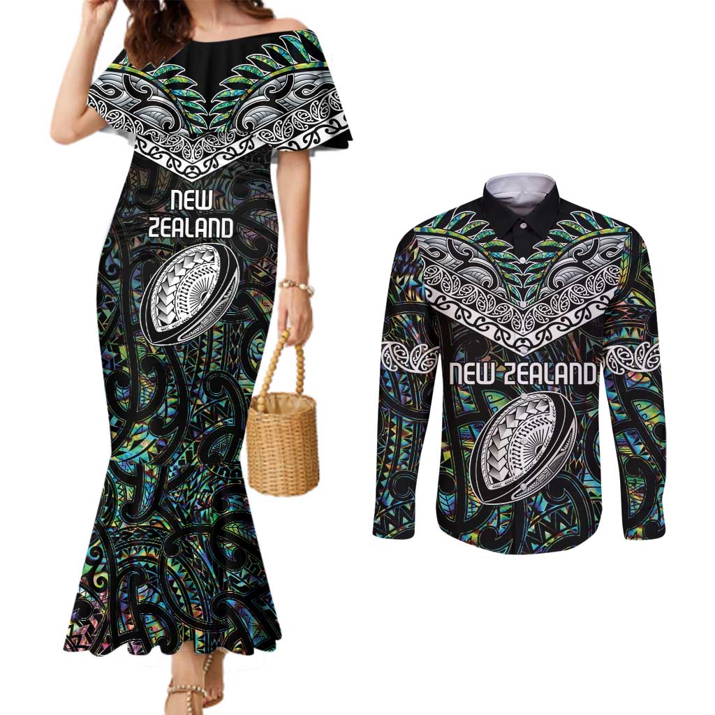 Custom New Zealand Couples Matching Mermaid Dress and Long Sleeve Button Shirt Maori Rugby Tattoo Papua Shell