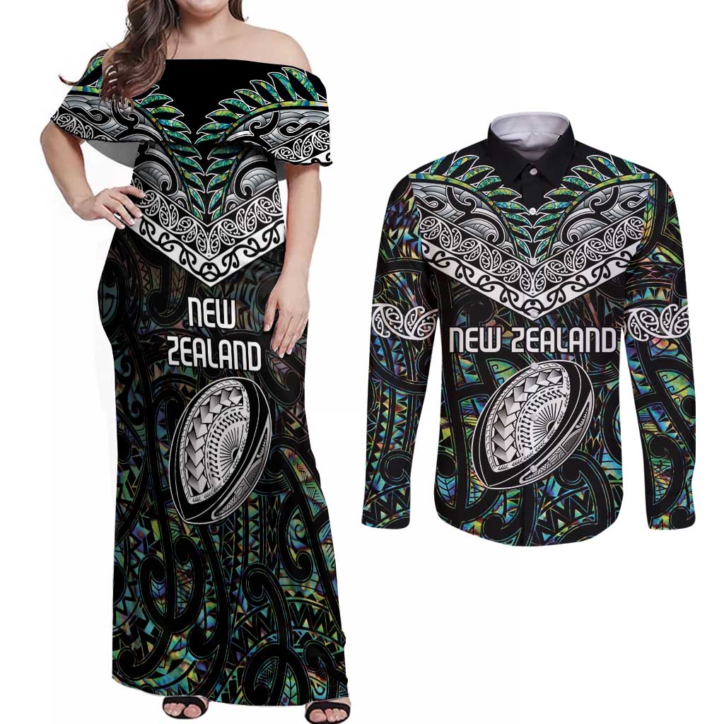 Custom New Zealand Couples Matching Off Shoulder Maxi Dress and Long Sleeve Button Shirt Maori Rugby Tattoo Papua Shell