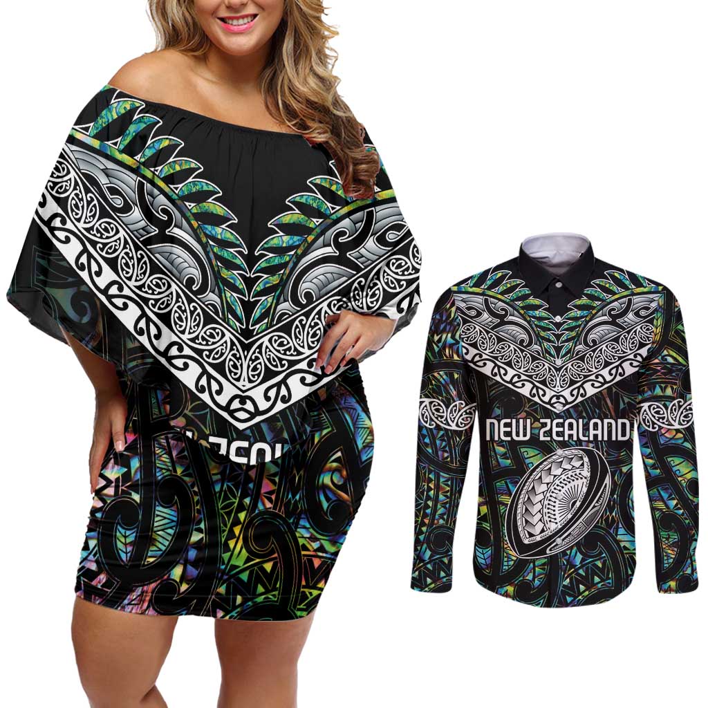 Custom New Zealand Couples Matching Off Shoulder Short Dress and Long Sleeve Button Shirt Maori Rugby Tattoo Papua Shell