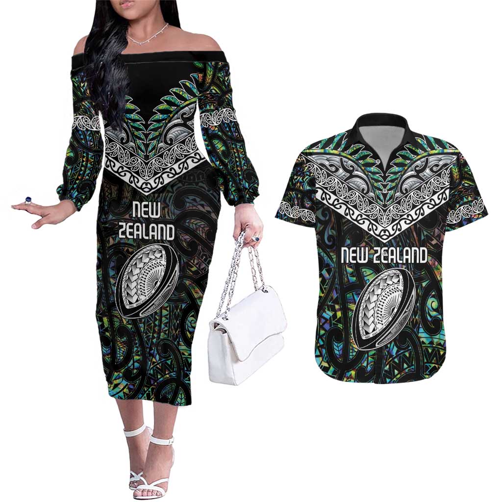 Custom New Zealand Couples Matching Off The Shoulder Long Sleeve Dress and Hawaiian Shirt Maori Rugby Tattoo Papua Shell