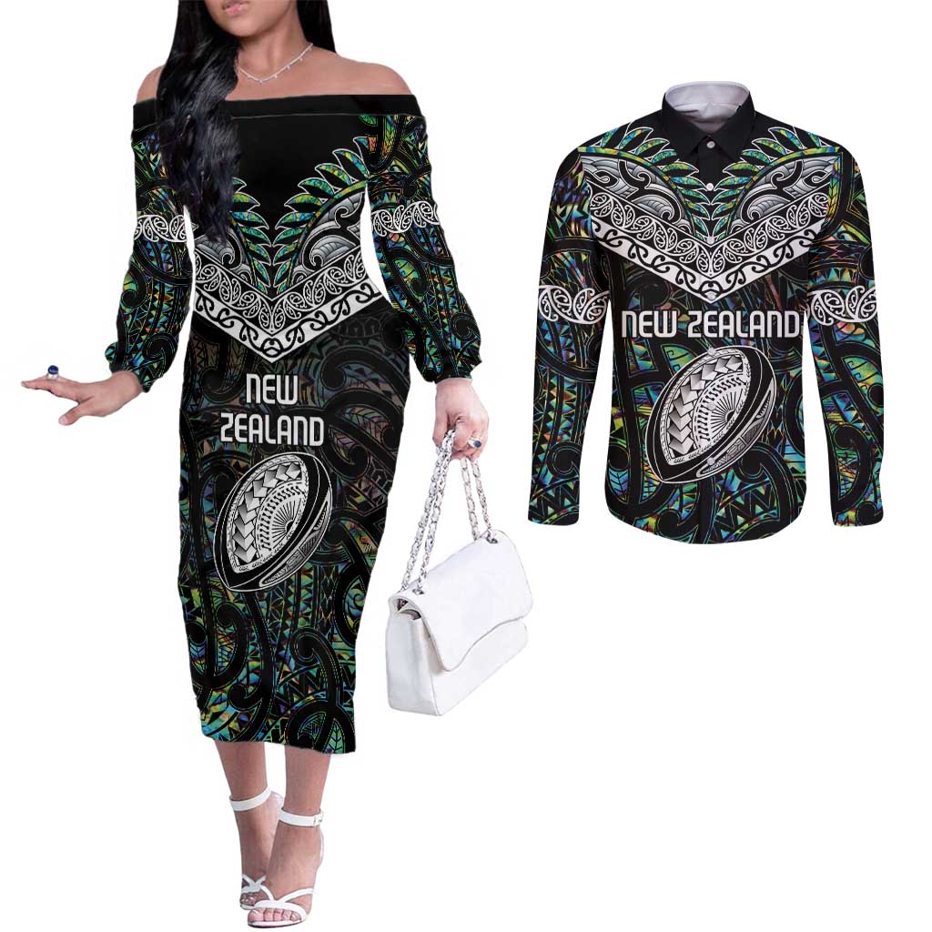 Custom New Zealand Couples Matching Off The Shoulder Long Sleeve Dress and Long Sleeve Button Shirt Maori Rugby Tattoo Papua Shell