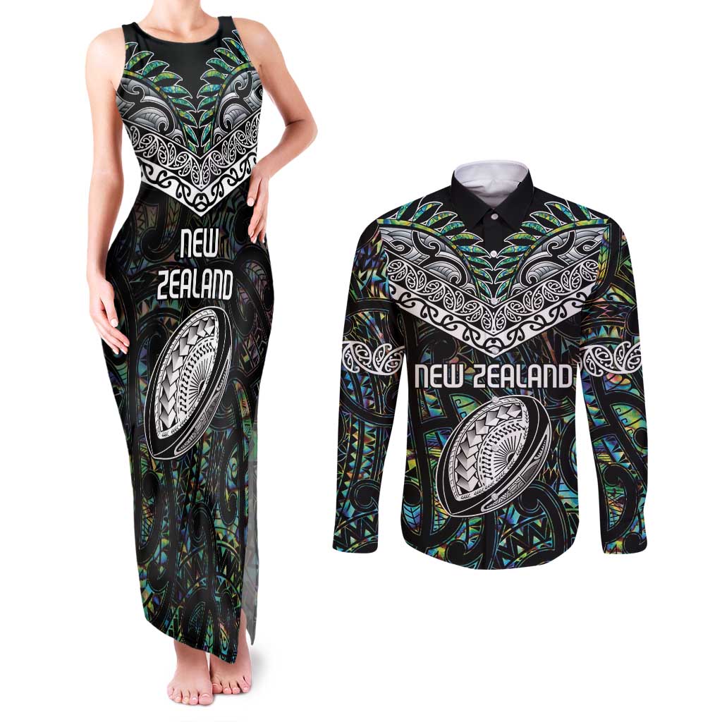 Custom New Zealand Couples Matching Tank Maxi Dress and Long Sleeve Button Shirt Maori Rugby Tattoo Papua Shell