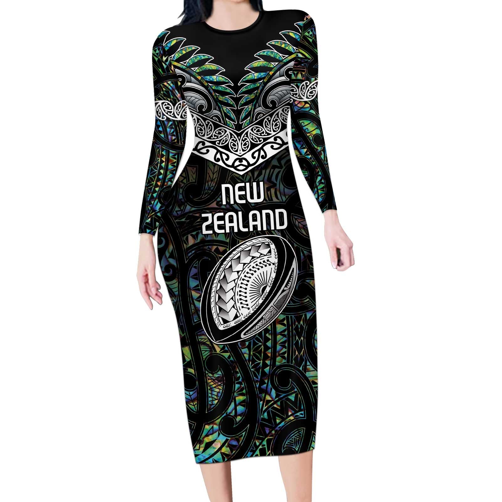 Custom New Zealand Long Sleeve Bodycon Dress Maori Rugby Tattoo Papua Shell