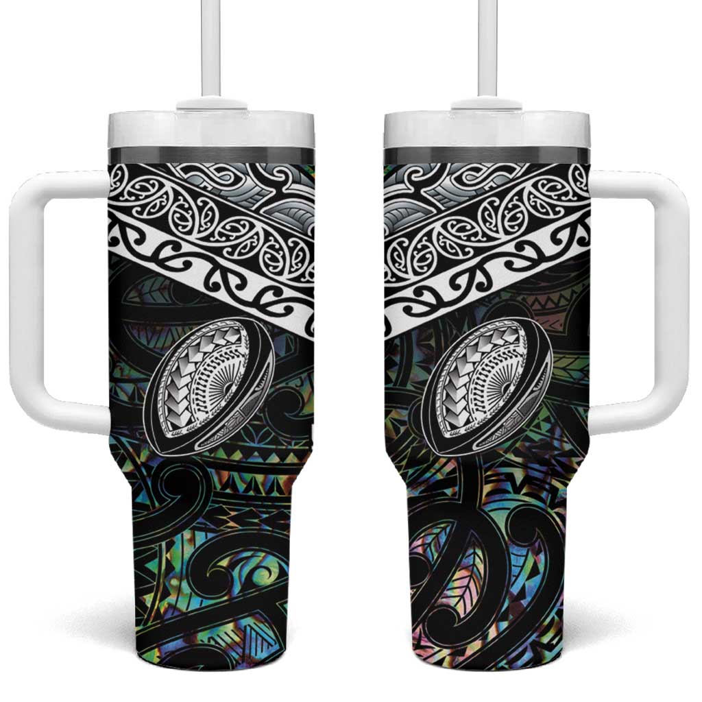 Custom New Zealand Tumbler With Handle Maori Rugby Tattoo Papua Shell