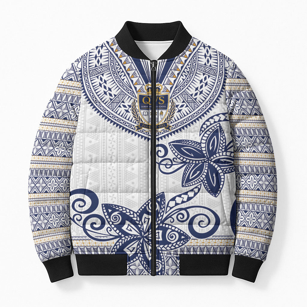 Fiji Queen Victoria School Personalised Bomber Puffer Jacket QVS 120 Years Queen Victoria Alumni Legacy LT9 Unisex White - Polynesian Pride