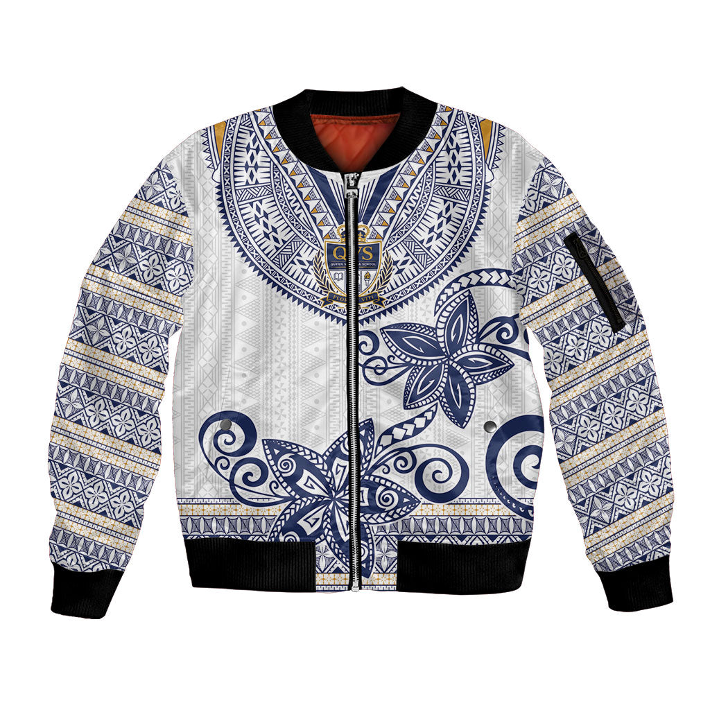 Fiji Queen Victoria School Personalised Sleeve Zip Bomber Jacket QVS 120 Years Queen Victoria Alumni Legacy LT9 Unisex White - Polynesian Pride