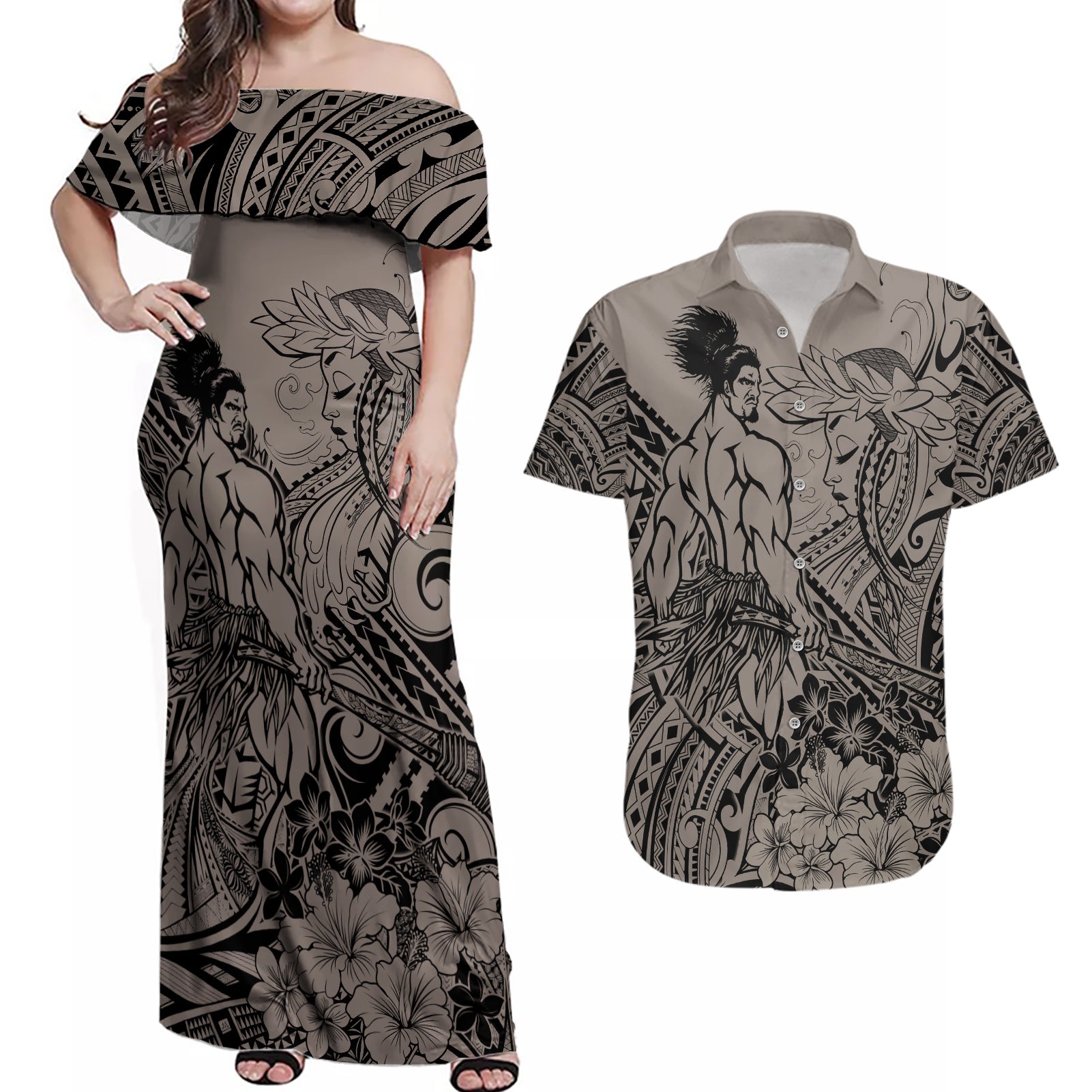 Beauty and The Warrior Polynesian Valentine Couples Matching Off Shoulder Maxi Dress and Hawaiian Shirt Hibiscus FLowers Brown Style LT9 Brown - Polynesian Pride