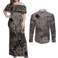 Beauty and The Warrior Polynesian Valentine Couples Matching Off Shoulder Maxi Dress and Long Sleeve Button Shirt Hibiscus FLowers Brown Style LT9 Brown - Polynesian Pride