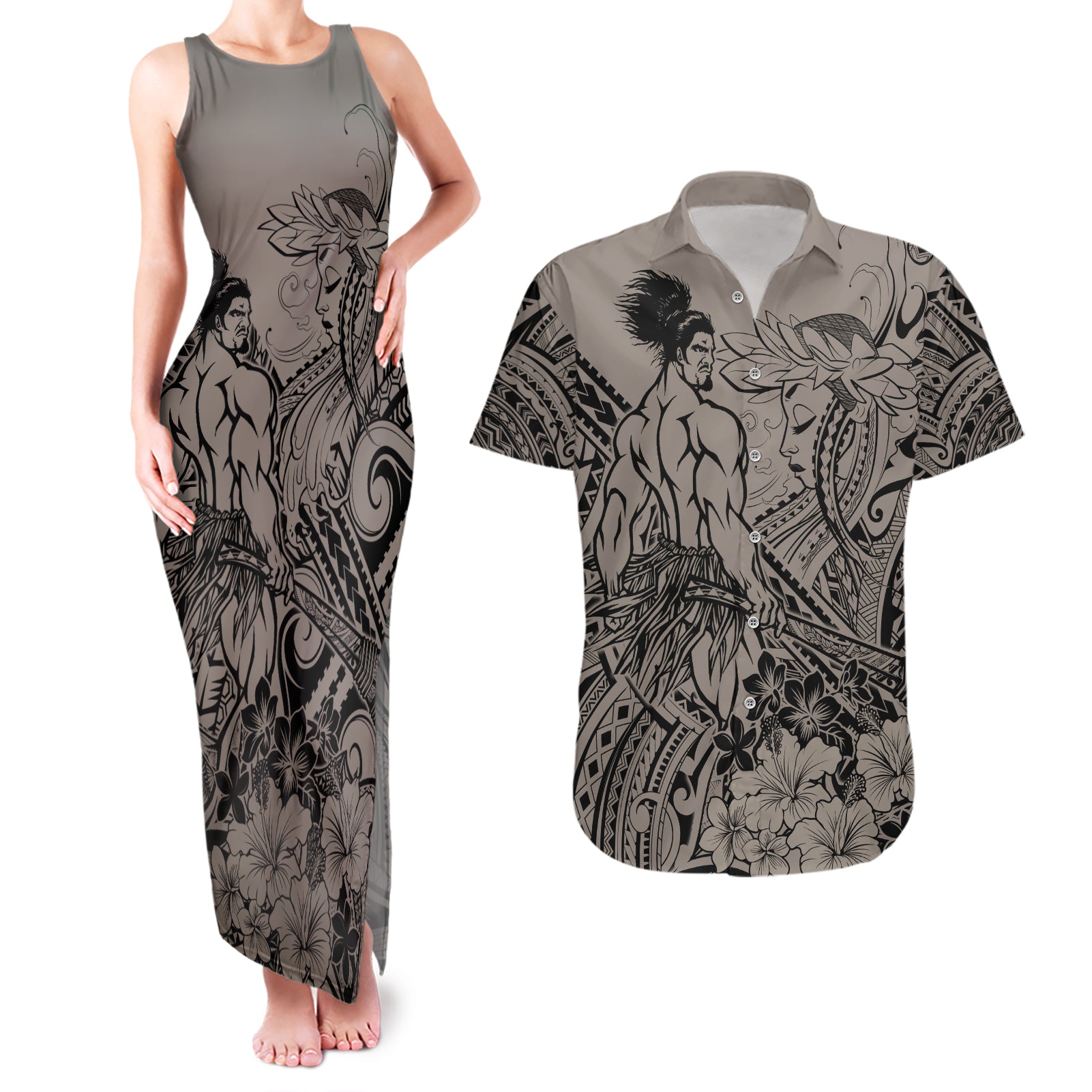 Beauty and The Warrior Polynesian Valentine Couples Matching Tank Maxi Dress and Hawaiian Shirt Hibiscus FLowers Brown Style LT9 Brown - Polynesian Pride