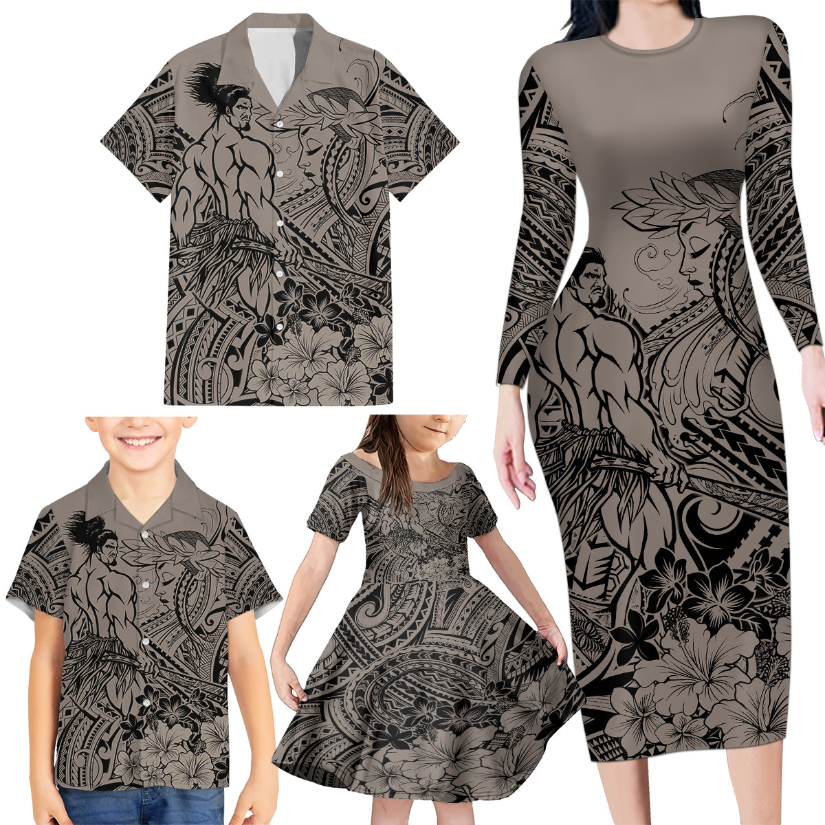 Beauty and The Warrior Polynesian Valentine Family Matching Long Sleeve Bodycon Dress and Hawaiian Shirt Hibiscus FLowers Brown Style LT9 - Polynesian Pride