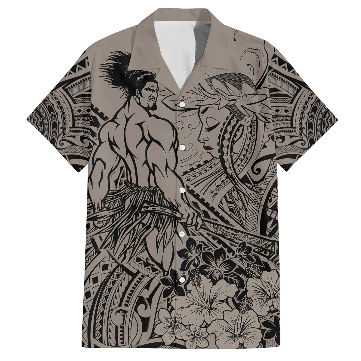 Beauty and The Warrior Polynesian Valentine Family Matching Long Sleeve Bodycon Dress and Hawaiian Shirt Hibiscus FLowers Brown Style LT9 Dad's Shirt - Short Sleeve Brown - Polynesian Pride